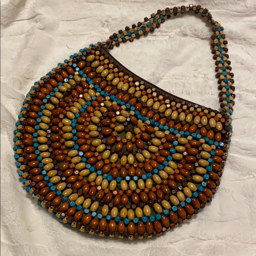 Funky Wood Beaded Blue Brown Purse